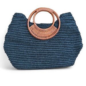 Large Black Straw Woven Bag with Wooden Handle by Straw Studios Boho Beachy